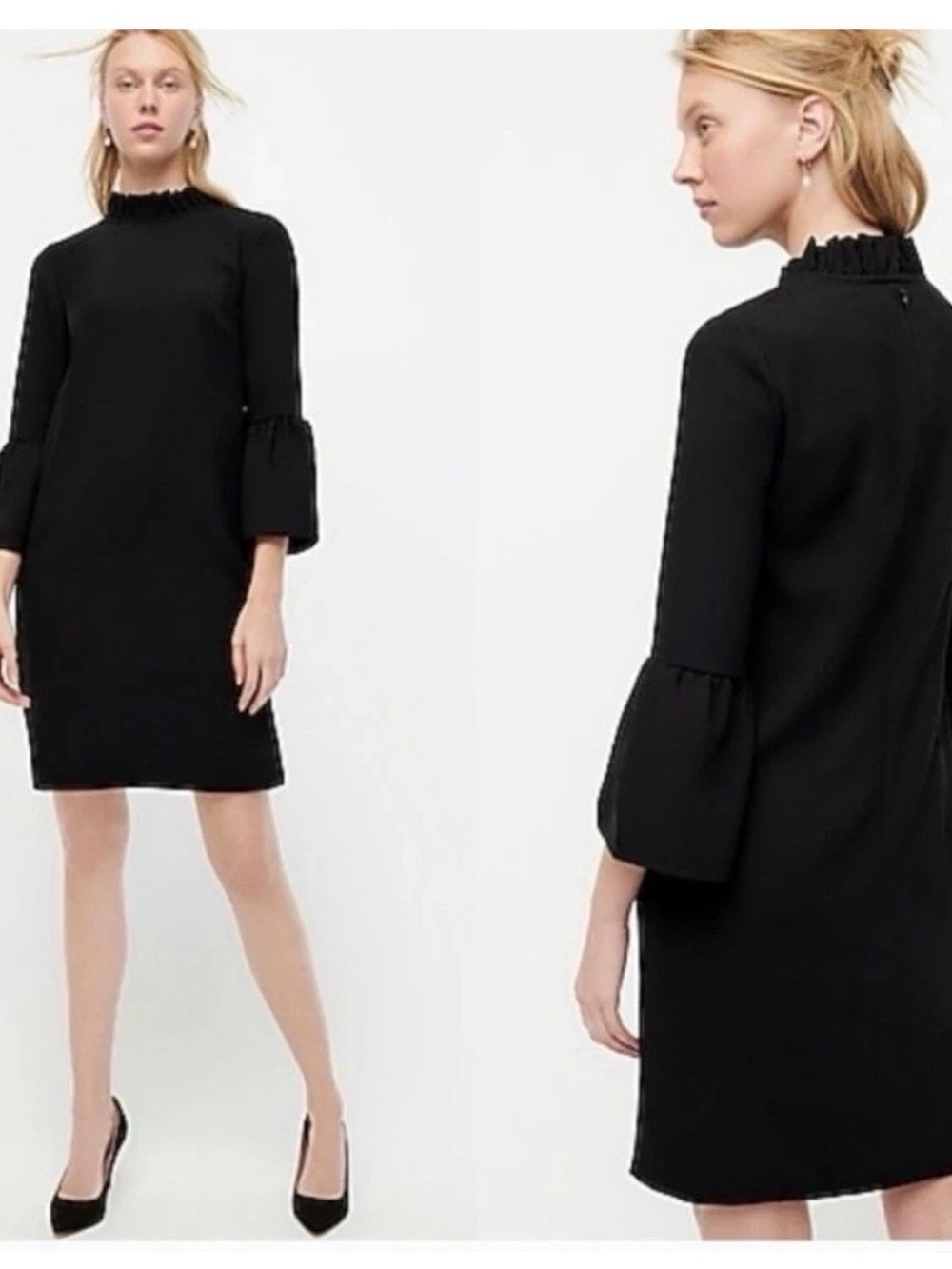 J. Crew Black Ruffle-Neck Bell Sleeve Dress